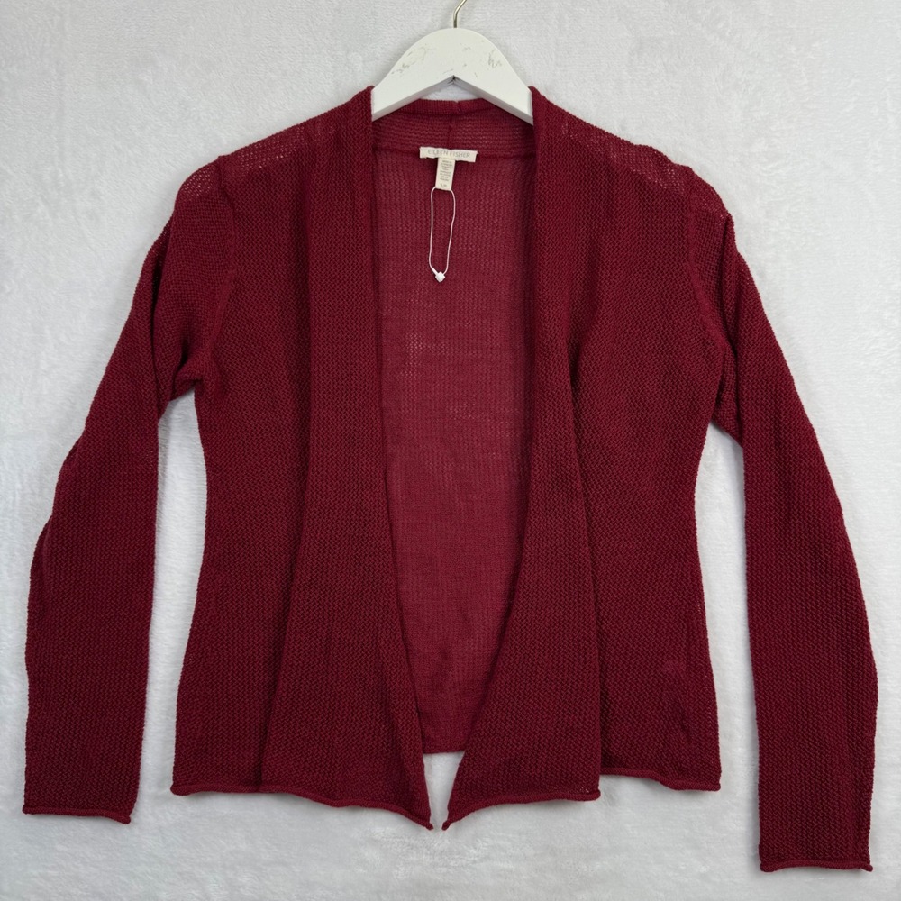 Eileen Fisher Womens Burgundy 100% Wool Mesh Open‎ Front Cardigan Sweater S/P